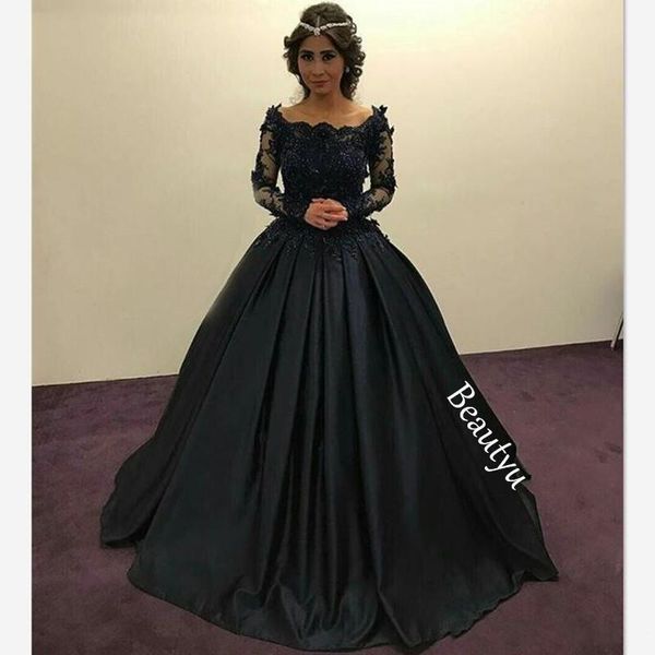 

graceful black princess evening dresses long sleeves sheer lace beaded appliques scoop ruched ball gown party gowns formal prom dress, Black;red