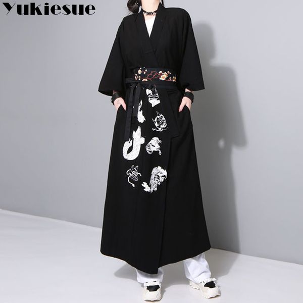 

2018 new japan harajuku violent bf wind ukiyo-e painted monster and wind tattoo print long kimono jackets, Tan;black