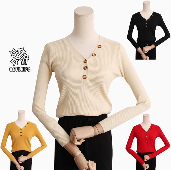 

fashion casual ladies blouse round collar knitted sweater winter spring keep warm women sweaters long sleeve v-neck women knits &tees a20, White