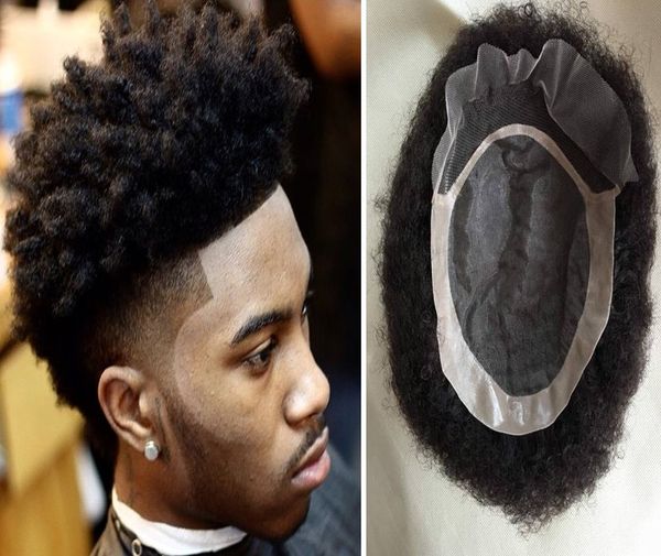 

2017 selling 6"#1b remy indian hair afro curl hair african american men's toupee mono base with pu around, Black