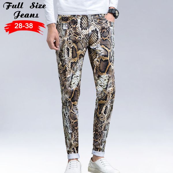 Primavera design personalidade masculina lápis calça de pele de cobra impressão calças jeans longas serpentina impresso calças para male255a