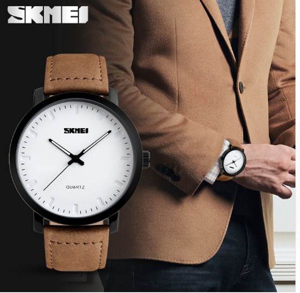 

skmei casual men's watches leather waterproof joker fashion style quartz watch men sport military army wristwatch, Slivery;brown
