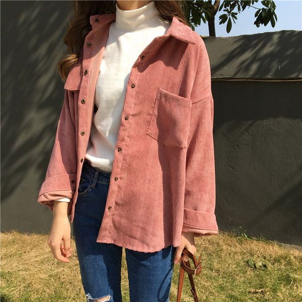 

2 colors 2018 autumn women loose jackets korean long sleeve solid jackets outwear casual pocket corduroy, Black;brown