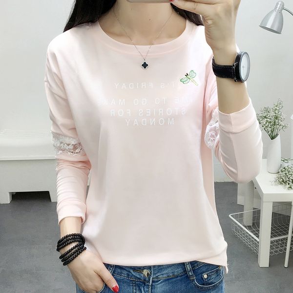 

women t-shrts autumn cotton loose long sleeve striped women female t shirt o-neck casual tee shirt plus size xxl green/pink, White