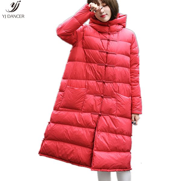 

down jacket female 2018 new long section ethnic style retro loose chinese wind disc buckle long knee winter jacket hjb365, Black