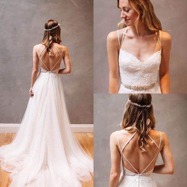 

summer beach boho wedding dresses 2019 criss cross back a line vintage lace with crystal beads ribbon long bridal gowns custom, White