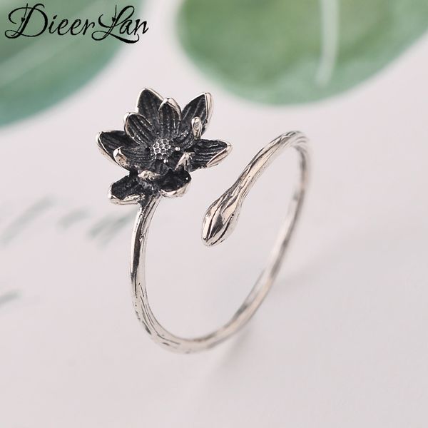 

whole salenew arrivals 925 sterling silver vintage lotus flower rings for women adjustable size ring fashion sterling-silver-jewelry, Golden;silver