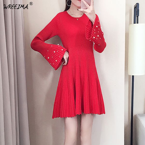 

2018 black knitted dress women slim casual autumn winter flare sleeve beading high waist red mini sweater dresses vestidos, White;black