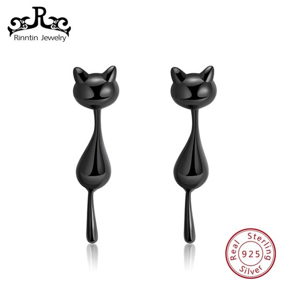 

rinntin new fashion 925 sterling silver black cat stud earrings cute animal earring for women girls dropshipping jewelry tse90, Golden;silver