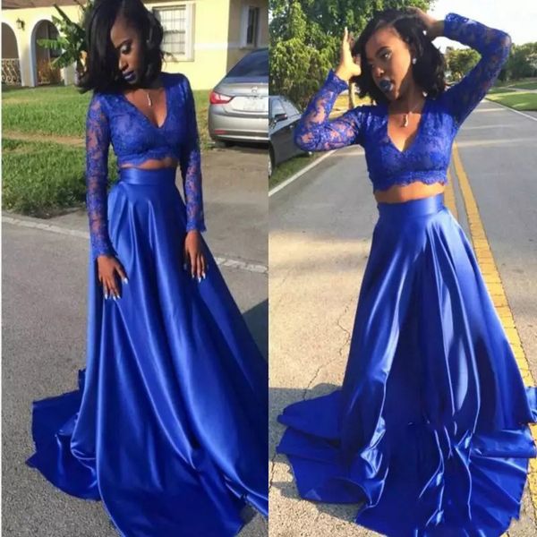 

royal blue two piece lace long sleeves evening dresses 2020 with appliques v neck sweep train formal prom party gowns, Black