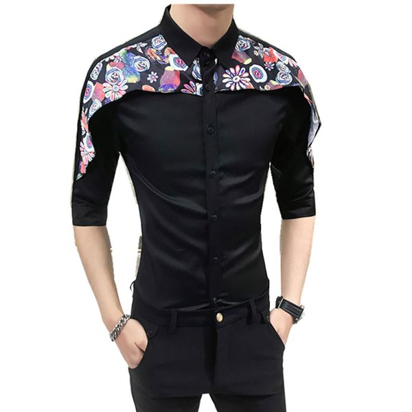 

tuxedo shirt men 2018 summer digital print patchwork men's social shirts dress slim fit night club party shirts man, White;black