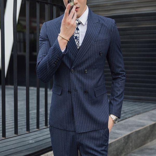 

2018 autumn new men's suit three-piece suit slim fashion social business casual striped double-breasted office dress, White;black