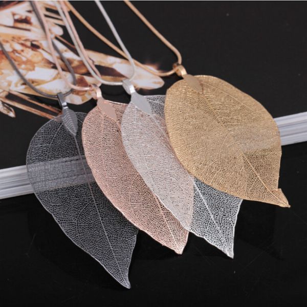 

natural leaf pendant necklace leaves alloy pendants with 28 inches snake chain fashion jewelry 4 colors, Silver