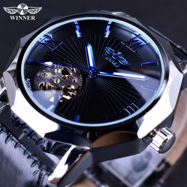 

winner blue ocean geometry design transparent skeleton dial mens watch automatic fashion mechanical watch clock, Slivery;brown