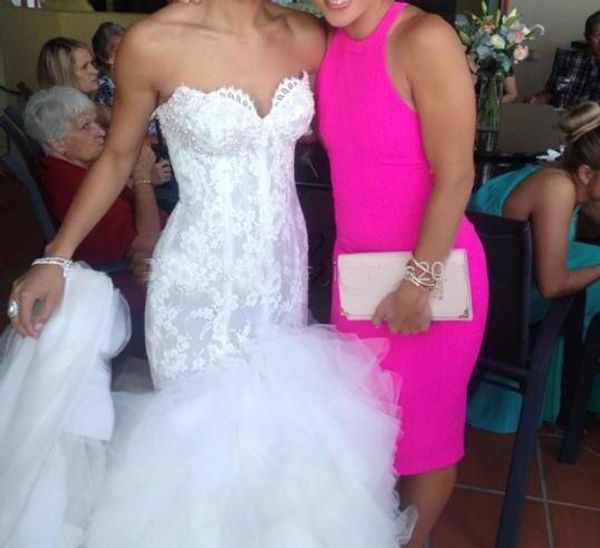 

Steven Khalil White Lace Mermaid Wedding Dress Beach Bridal Gown Sweetheart Appliques Tiers Pleated Sweep-Train Wedding Bridal Gowns