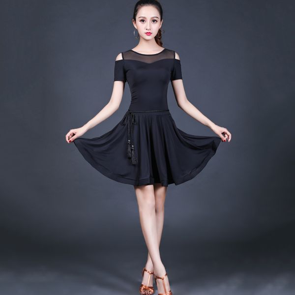 

latin dance dress women flapper dress samba salsa tango dance dress d0140 with big ruffled hem waist belt, Black;red