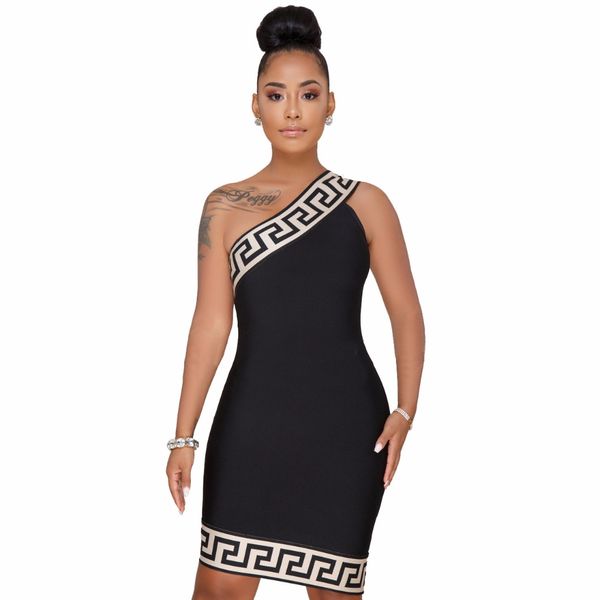 

irregular inclined one shoulder bodycon dresses summer women sleeveless geometric print party dress plus size vestidos xxxl, White;black