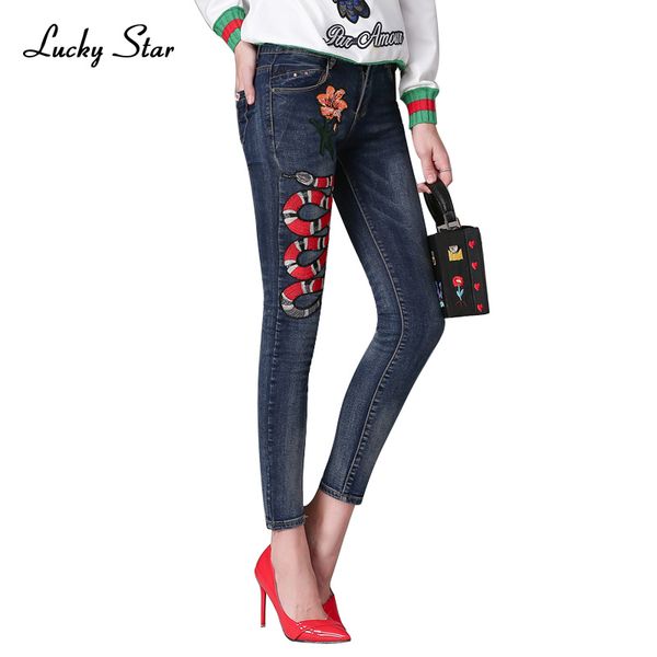 

women's snakes and flowers embroidery jeans fashion women's jeans slim pencil pants female full length trousers a262, Blue