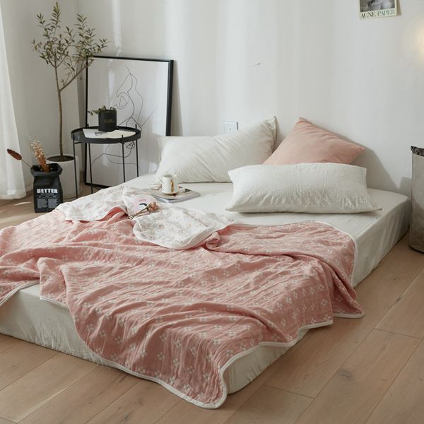 

4 squares jacquard water washed cotton gauze pink blanket for summer air conditioner travel out door camping night work1255