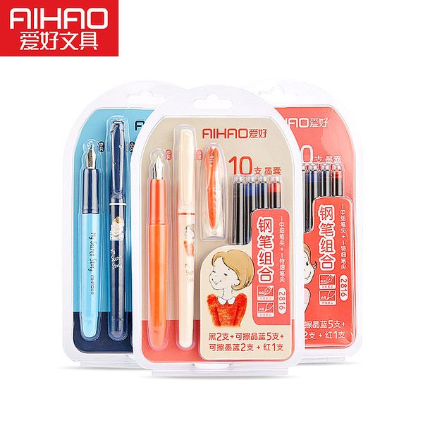 

aihao 2pcs fountain pen set 10pcs ink student calligraphy pen medium and fine nib 0.5mm can be erased ink pens school supplies