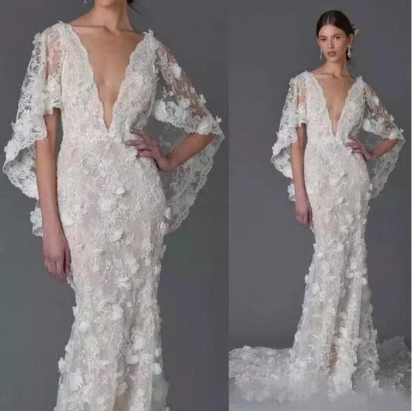 

полный кружева 3d-цветочные аппликации русалка свадебные платья с запахом глубокий v-образным вырезом спинки свадебное платье выполненные на, White