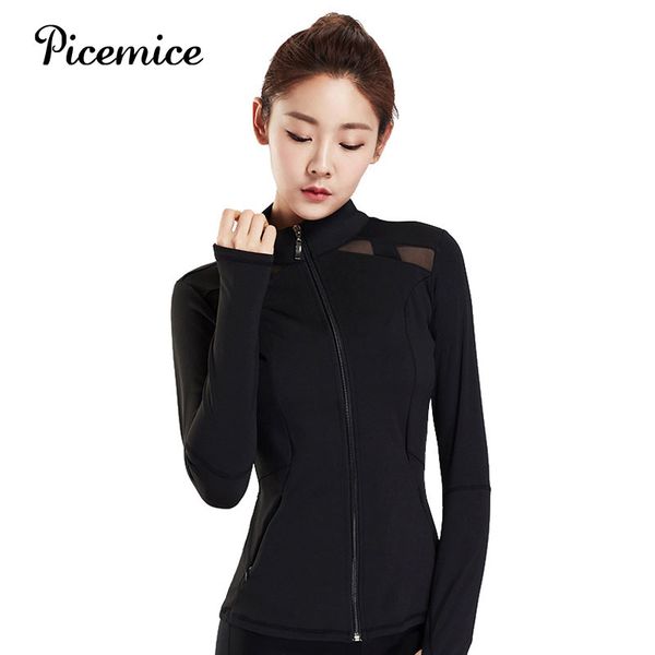 

picemice breathable yoga shirt polyester long sleeve outdoor training fitness slim sport coats women yoga running jacket, Black;red
