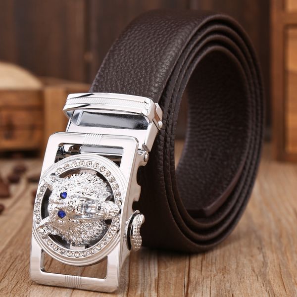 

gold wolf leopard mens belts luxury fiber leather long size automatic buckle brown black designer girdle 110, Black;brown