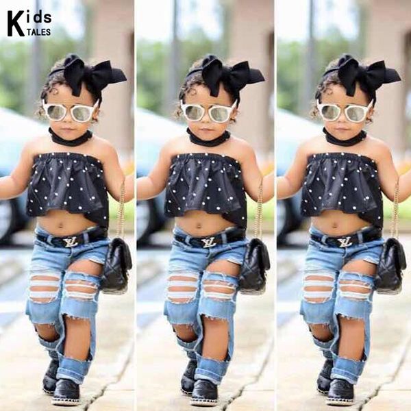 

rt007 children sets of clothes summer autumn 2018 children's clothing for girls +hole jeans +headband 3pcs.suit for babies, White
