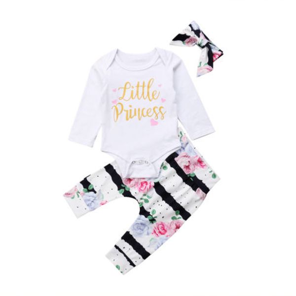 

newborn baby girls clothing set long sleeve bodysuits floral pants headbands 3pcs outfits set baby clothes 0-18m, White