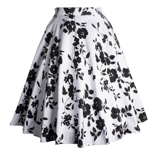 

new floral print big swing tutu skirt women casual rockabilly high waist ball gown skirt 2018 summer cotton midi skirts, Black