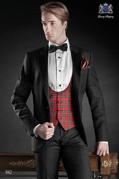 

fashion black groom tuxedos men wedding tuxedos peak lapel one button men prom party dinner suit(jacket+pants+tie+vest) 2033, Black;gray