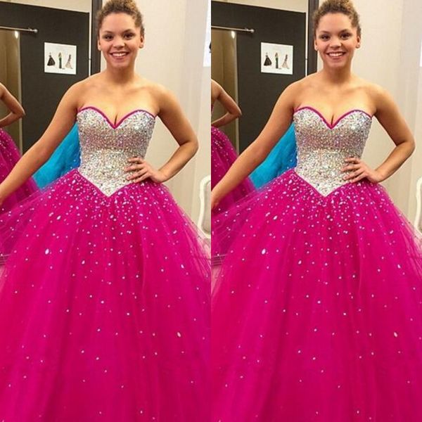 

потрясающие фуксия длинные платья выпускного вечера возлюбленной рукавов блестки кристаллы украшенные quinceanera вечерние платья шнуровке н, Black