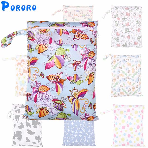 

30x40cm washable baby cloth diaper bags nappy reusable waterproof cartoon print double zipper pockets wet dry bags wetbags