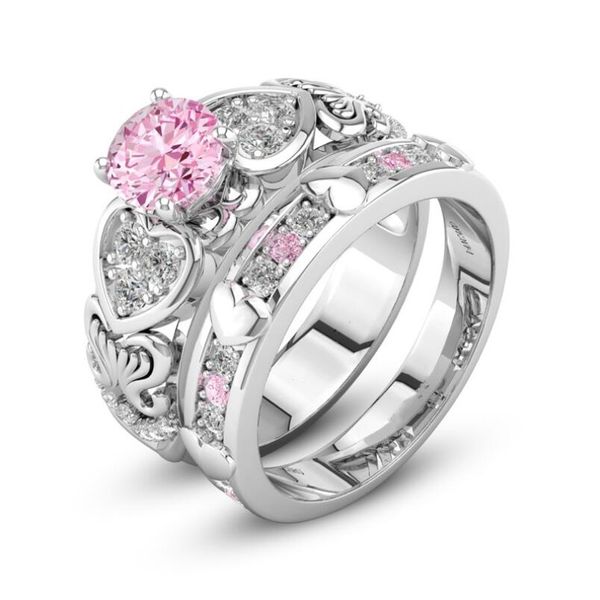 Victoria Wieck Coppia Anelli per i suoi gioielli Sterling Sier Filled Pink Sapphire Cz Diamond Women Wedding Bridal Ring Set Gift