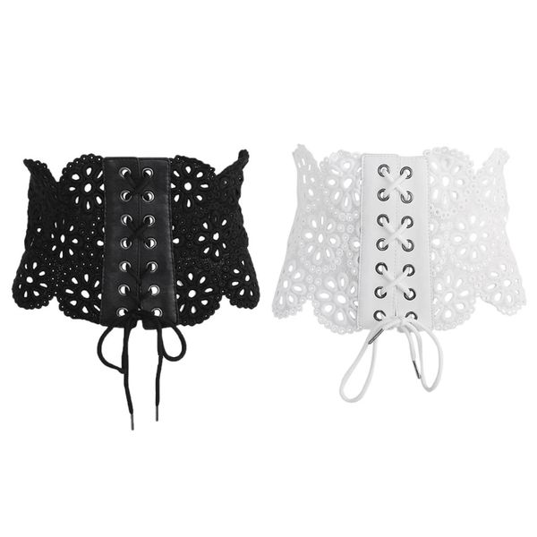 

women lace up wide corset waist belt shape-making lace hollow elastic waistband, Black;brown
