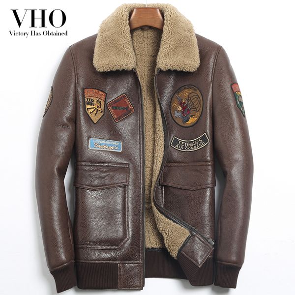 

vho thick b3 flight suit natural real sheepskin coats for men fashion motorcycle genuine leather jacket fur lamb wool shearling, Black