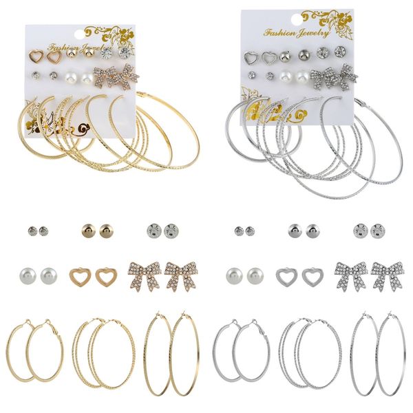 

9 pair assorted multiple stud earrings set fashion big hoop synthesis crystal bow pearl woman jewellery set support fba drop shipping h140r, Golden;silver