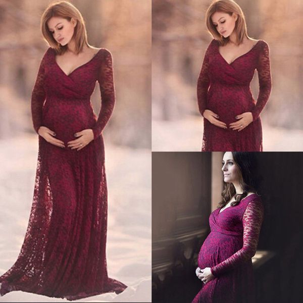 

lace maternity dress gown wedding party trumpet dresses pregnant women long maxi v neck dress maternity pgraphy props, White
