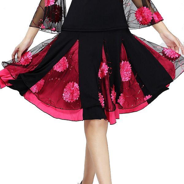

women ballroom dance costume skirt modern standard waltz latin salsa samba skirts rumba sequined mesh elastic waistband, Black;red