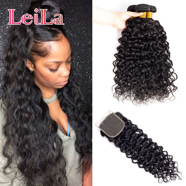 

mongolian 4x4 lace closure with 3 bundles water wave human hair extenisons 95-100g/piece water wave hair wefts with closure baby hair, Black;brown