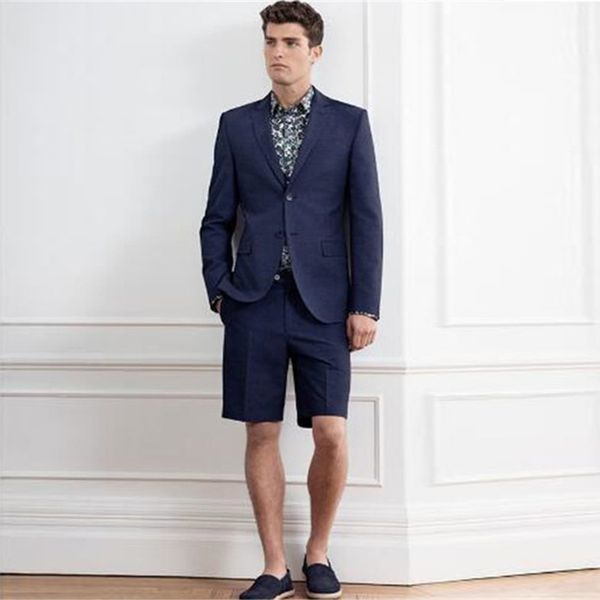 Hübsche 2018 Sommer Männer Anzüge Marineblau Kurze Hosen Hochzeit Anzüge Nach Maß Slim Fit Casual Smoking Trauzeuge Blazer Prom Fashion 2 Stück