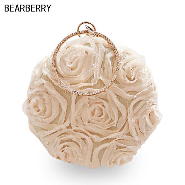 

bearberry 2017 new lace evening bags with chain rose flowers round shaped wedding bags clutch purse drop shipping mn748