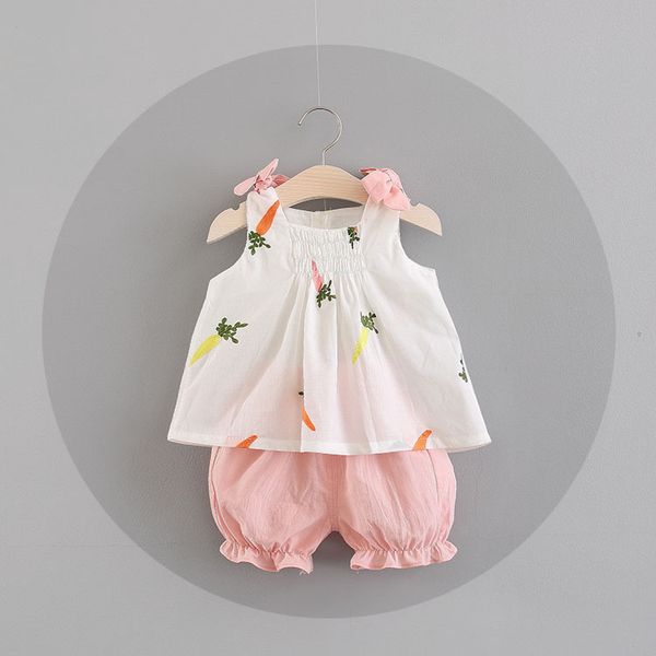 

New girs Kids clothing Carrot print girl's set causal summer girl Sleeveless Suspender shirt+ short kids clothing sets