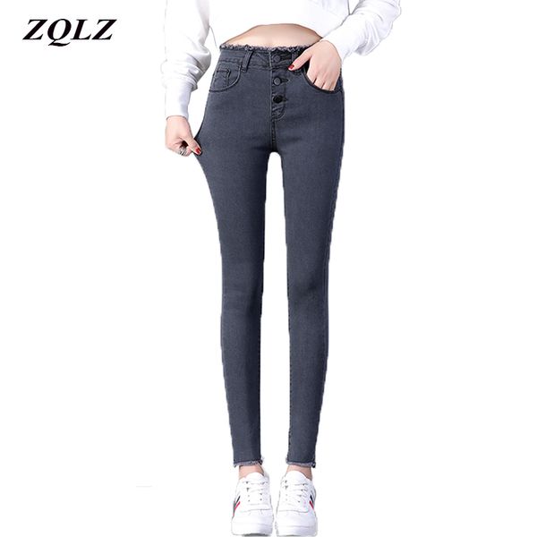 

zqlz autumn ripped denim pants female 2018 casual black pencil jeans women high waist elastic washed ruched jeans mujer, Blue