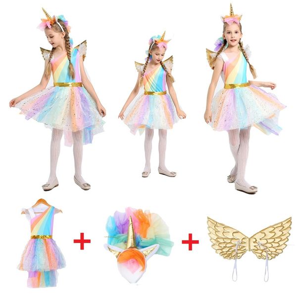 

girl unicorn fancy dress for kids rainbow sequined tutu wedding party dress with hair hoop wings set for cosplay costumes 5-12y, Black;red