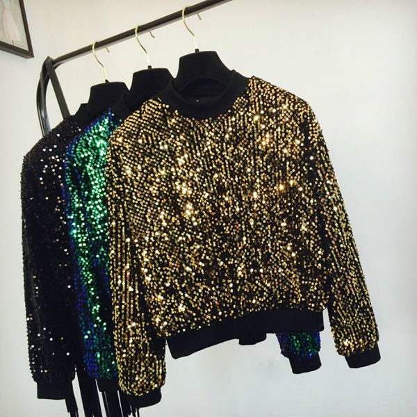 

women pullover tee crew neck sequins metallic club stage bling shine pullovers ds dance disco, Black