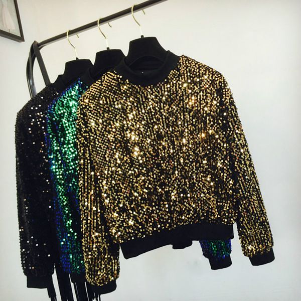

women's hoodies & sweatshirts women pullover tee crew neck sequins metallic club stage bling pullovers dance disco, Black