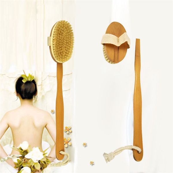 

2017 new bath body brush boar bristles exfoliating body massager with long wooden handle for dry brushing and shower #0913 b
