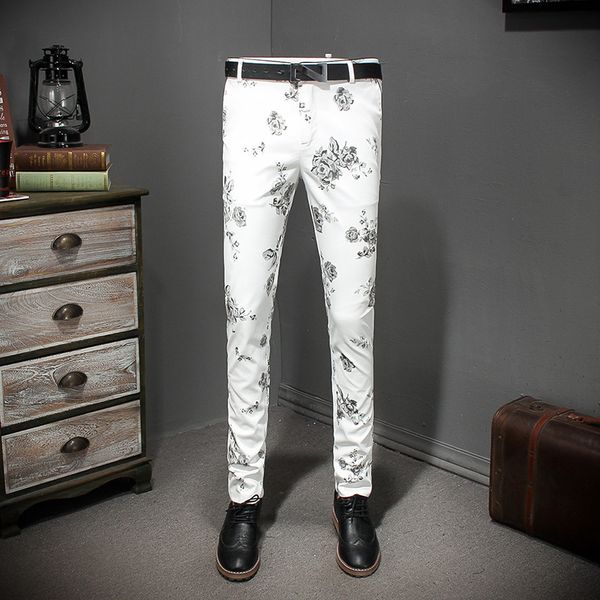 

men flower dress pant business suit pant men's flroal pants pantalon de travail pour homme men classic pants trousers, White;black