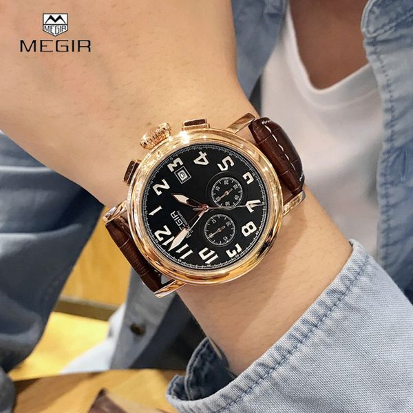 

Megir Mens Chronograph Leather Strap Quartz Wrist Watches Fashion Luminous Round Dial Black Wristwatch for Man Male 2031